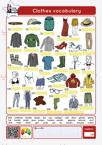 Vocabulario de la ropa en inglés. Ficha de trabajo para aprender vocabulario .
